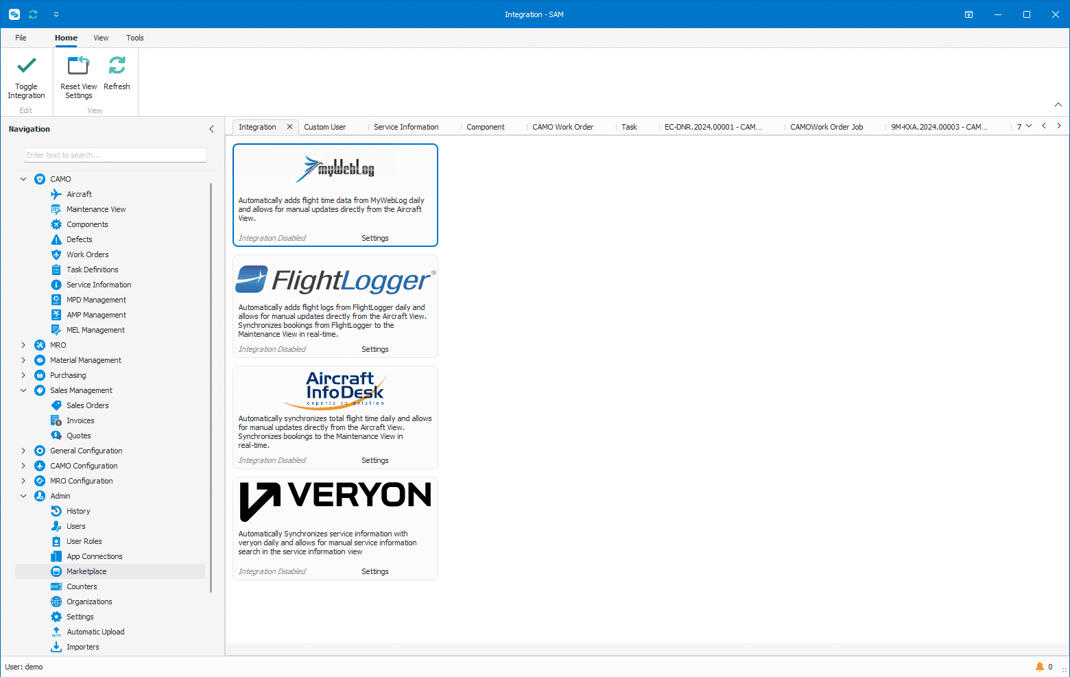 SAM integrations screen showing connected partners