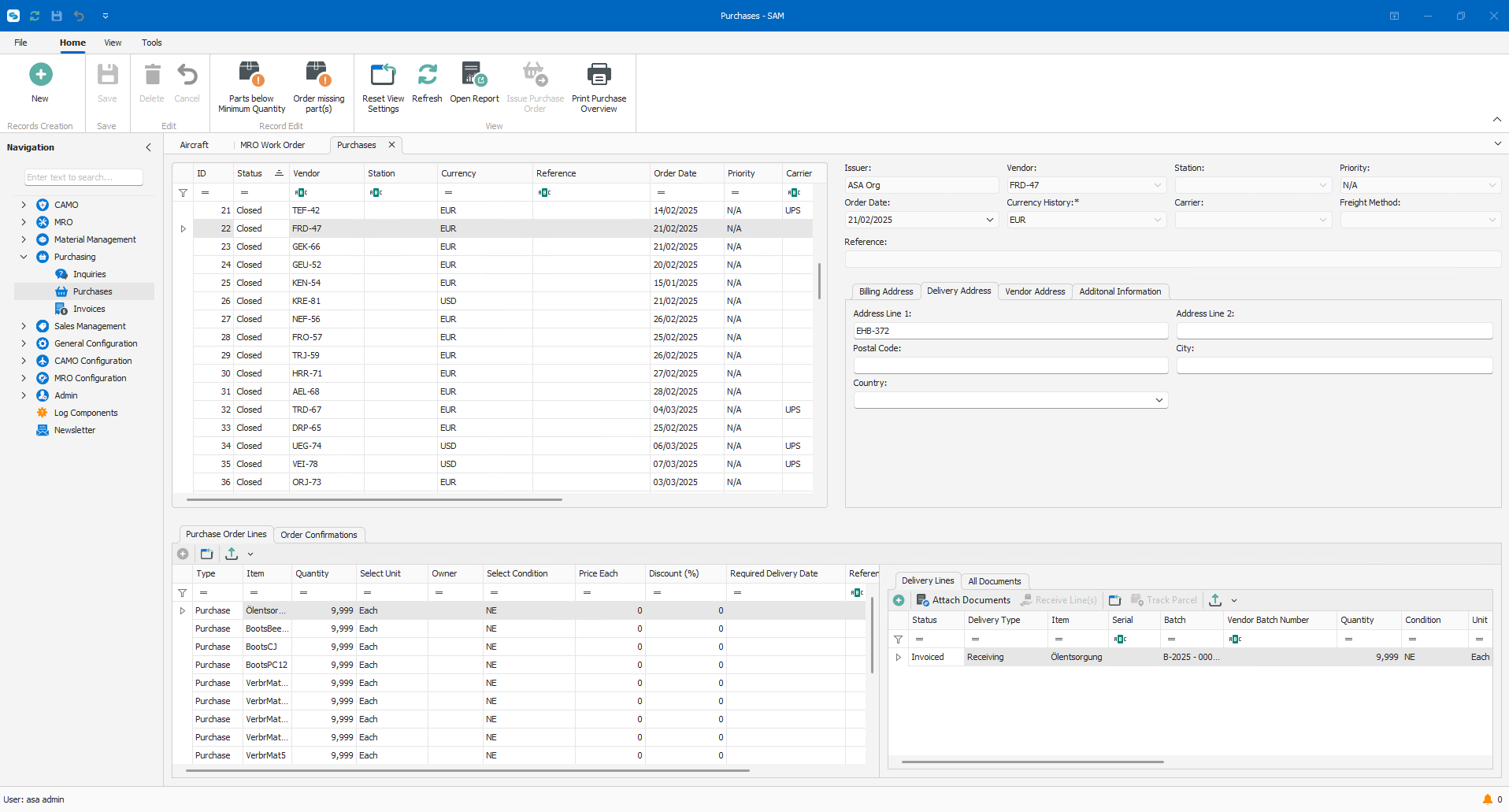 SAM Supply Chain Management Program - Purchase View