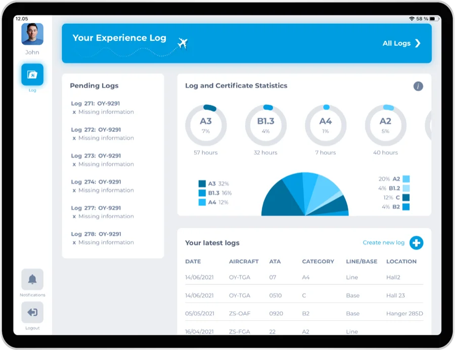 SAM Aviation App experience log screen