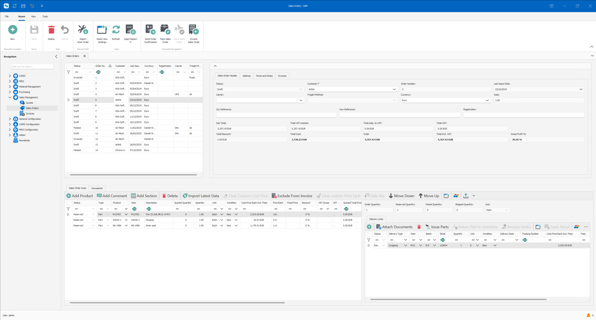 Sales management interface