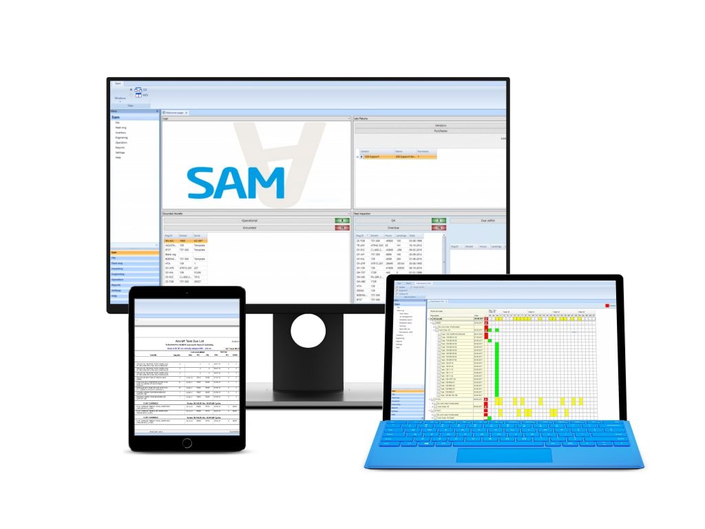 SAM Aviation Maintenance Software running on computer, tablet and laptop.