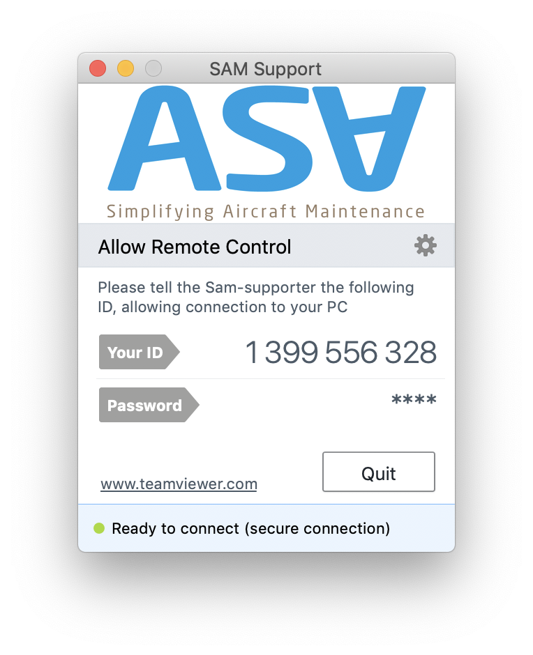 SAM Aviation Maintenance Remote Support login page