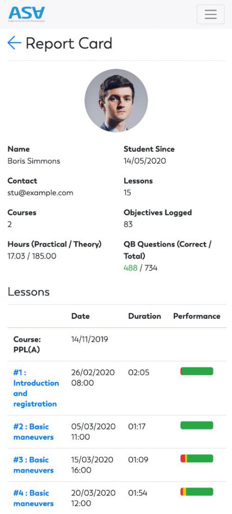 Flight training software showing student progress